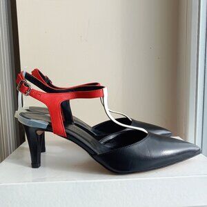 Formentini Black Leather Red White T-Strap Slingback Pumps Sz EU 39 / US 8 ITALY